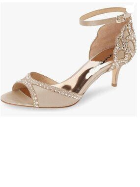 XYD Champagne Peep Toe D'Orsay Kitten Heel Rhinestone Studs Ankle Strap Sandal